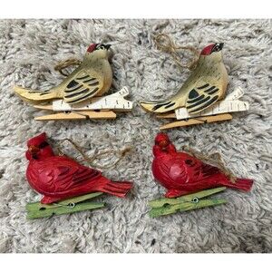 Bird Resin And Wood Ornaments Set Of 4 Carved Painted 2" Long Vintage Clip Hang